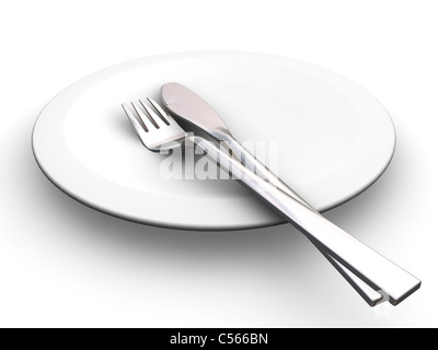 3D Rendern von einem Teller mit Messer und Gabel Stockfoto