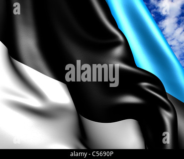 Flagge von Estland gegen bewölktem Himmel. Hautnah. Stockfoto