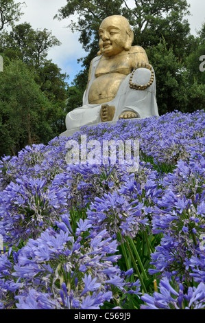 Große goldene Buddha-Statue von Agapanthus Blumen umgeben. Buddha Garten Eden oder Garten des Friedens, Bombarral: Portugal. Stockfoto