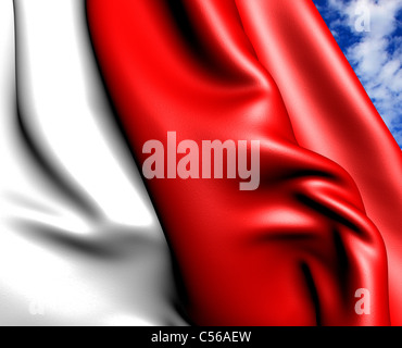 Flagge von Indonesien gegen bewölktem Himmel. Hautnah. Stockfoto