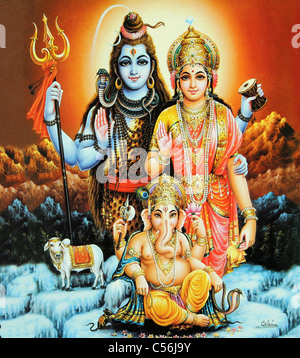 Malerei der indische Gott Shiva und Göttin Parvati mit ihrem Sohn Ganesha und Shiva Kuh Anmed Nandi Stockfoto