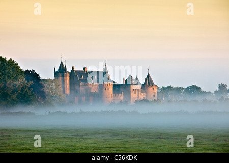 Niederlande, Muiden, Schloss Muiderslot in Nebel im Morgengrauen genannt. Stockfoto