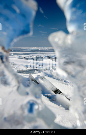 Die Niederlande, Oosterdijk, CU Stück Eis auf zugefrorenen See namens IJsselmeer. Stockfoto