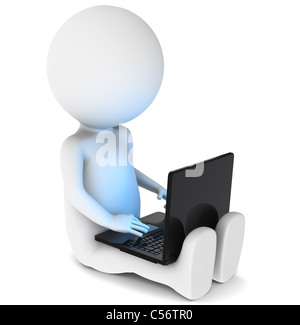 3D wenig menschlicher Charakter mit sitzen auf dem Boden mit einem Laptop. Erhellende Bluescreen. Stockfoto