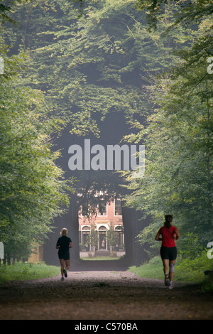 Den Niederlanden,'s-Graveland, Beech Forest Road. Landgut namens Gooilust. Frauen Runnning. Stockfoto