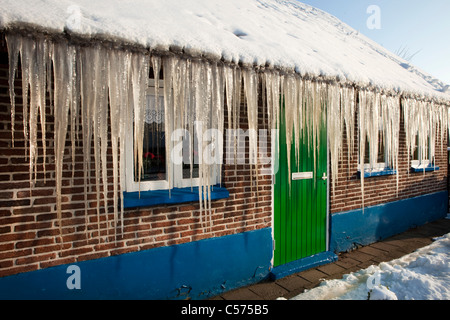 Niederlande, Staphorst, Winter, Eiszapfen auf Bauernhof Dach. Stockfoto