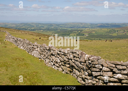 Auf der Suche nach Nordosten aus einer Position in der Nähe von Hookney Tor auf Dartmoor, mit der alten Marktstadt Mortenhamptead in der Ferne Stockfoto