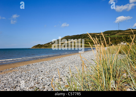 Ansicht von Pebble Beach mit Gräser wachsen am Ufer des Meeres in Red Wharf Bay. Llanddona, Isle of Anglesey, North Wales, UK. Stockfoto