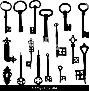 Satz altmodisch der alten Skelettschlüssel Vector Silhouetten Stockfoto