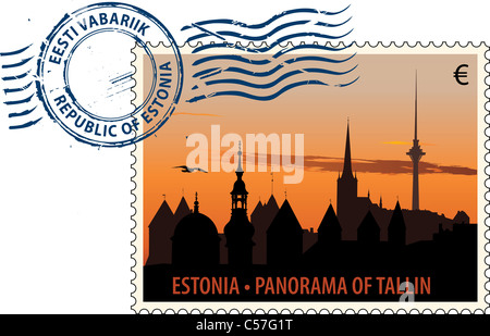 Vektor-Poststempel mit Tallinn Stadtbild bei Sonnenuntergang Stockfoto