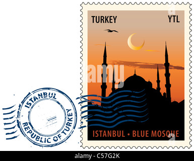 Sonderstempel mit Nachtsicht des Sultan Ahmed Mosque oder der blauen Moschee in Istanbul gegen Sonnenuntergang Himmel Stockfoto