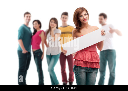 junge Frau mit leeren Banner, steht man vor Menschen glücklich Stockfoto