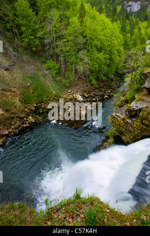 Wenn es ein Durcheinander macht du Doubs, Schweiz, Europa, Kanton Neuenburg, Neuenburg Jura, Fluss, Fluss, Wasserfall, Schlucht, Doubs, wo Stockfoto