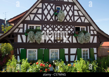 Fassade von Einems Renovierungen, Facherkhaus Mit Blumen in Sasbachwalden, Fassade eines Fachwerkhauses mit Blumendekoration Stockfoto