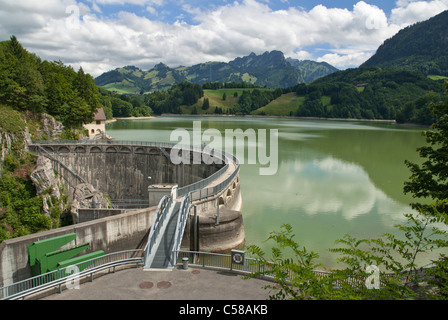 Alpen, Berge, Kurve dam Wand, Dent de Vounetse, Energiegewinnung, Energieversorgung, Europa, Freiburg, Fribourg, Kanton FR, Frei Stockfoto