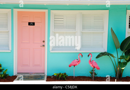Zwei, rosa, Kunststoff, Flamingos, Tür, The Palms, Retro Hotel, Atlantic Beach, Jacksonville, Florida, USA, USA, Amerika, Stockfoto