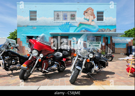 Motorräder, Liquor Store, Meerjungfrau, Wandbild, Fort Myers Beach, Florida, USA, USA, Amerika, Fahrräder Stockfoto