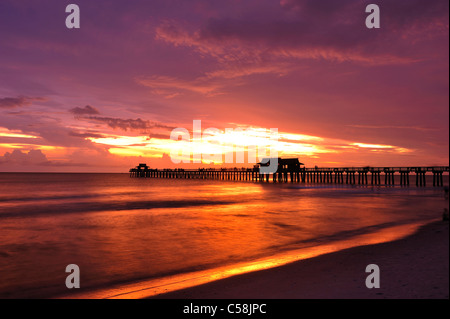 Sonnenuntergang, Naples Pier, Golf von Mexiko, Naples, Florida, USA, USA, Amerika, Pier, Meer, Wasser Stockfoto