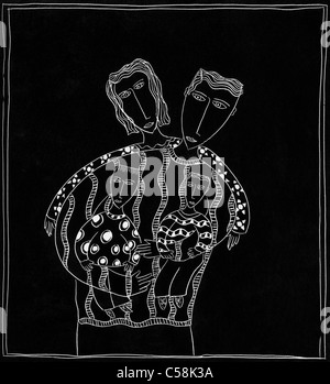 Schwarz-Weiß-Illustration Von Eltern, Die Kinder Umarmen Stockfoto