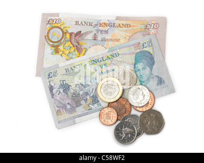Englische Währung - Anmerkung £10, Anmerkung £5, £2 Münze, 50 Cent, 20 Cent, 10 Pence, 2 Pence, 1 Pence Stockfoto