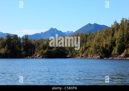 Ruhigen Gewässern des Barkley Sound in der gebrochenen Inselgruppe an einem Sommerabend. Insel-Gruppe Stockfoto