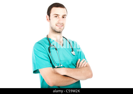 Junger Arzt isolierten auf weißen Hintergrund Stockfoto