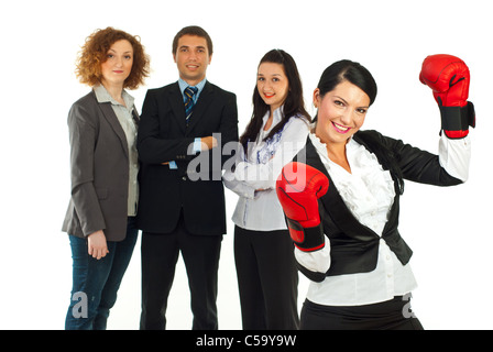 Glücklich Führer Frau heben die Hände in Boxhandschuhe und ihr teamwork Stockfoto