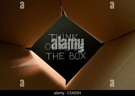Konzept-Bild über das unkonventionelle oder anders denken. "Think outside the Box" handschriftlich mit weißer Kreide auf eine Tafel. Stockfoto