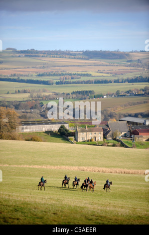 Arbeit Fahrer trainieren Rennpferde in einem Stall in Gloucestershire UK Stockfoto