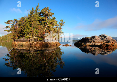 Zwei Inseln in der gebrochenen Insel Gruppe Barkley sound Vancouver island BC bei Sonnenaufgang auf einem ruhigen Julimorgen Stockfoto