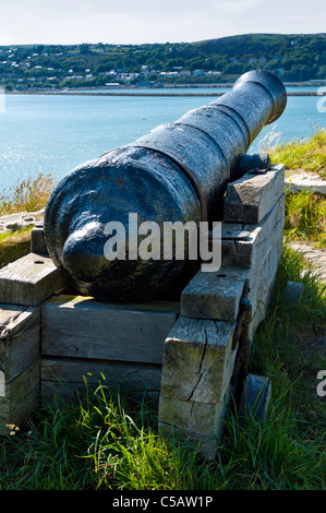 Marine-Kanone von 1780 verteidigenden Fishguard niedriger Stadthafen. Stockfoto