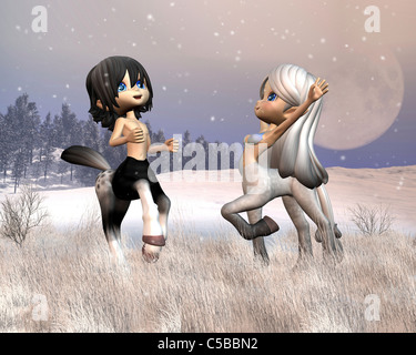 Niedlichen Toon Zentauren spielen im Schnee Stockfoto