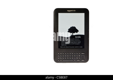 Amazon Kindle e-Reader mit Tastatur rein weißem Hintergrund.  Querformat Stockfoto