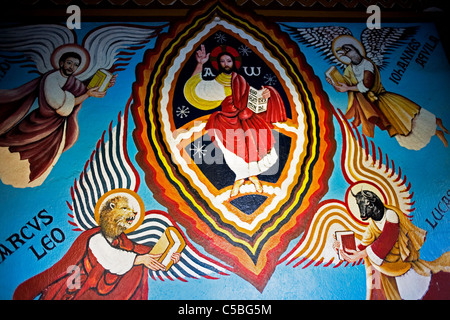 Ein Wandbild von Jesus Christus und die vier Apostel in der Kapelle Santa Maria de Compostilla, St. James Weg, Ponferrada, El Bierzo, Spanien Stockfoto