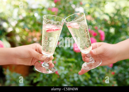 Gäste auf ein Sommerfest im Garten hält einen Drink und Klirren der Gläser Stockfoto