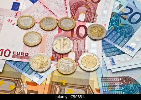 Hintergrund der unterschiedlichen Währung Euro und Münzen closeup Stockfoto