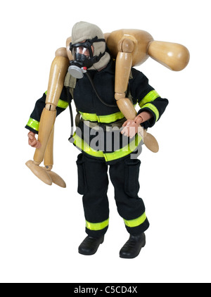 Feuerwehrmann in Schutzkleidung für die Brandbekämpfung und Rettung von Menschenleben trägt die Person verwendet er ist Rettung - Pfad enthalten Stockfoto