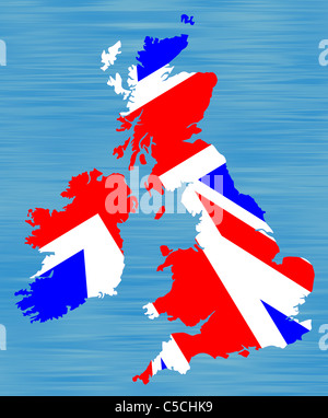 Zeichnung einer Landkarte von Großbritannien verfüllten mit britischer Flagge. Stockfoto