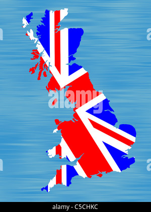 Zeichnung einer Landkarte von Großbritannien verfüllten mit britischer Flagge. Stockfoto