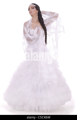 Hochzeit Braut gekleidet in weißen Kleid in weißem Hintergrund Stockfoto