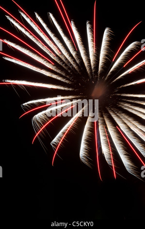 Rote und weiße Feuerwerk explodiert wie ein Windrad oder einen Kreis gegen den Nachthimmel. Ein Fest der Farben und Explosionen! Stockfoto