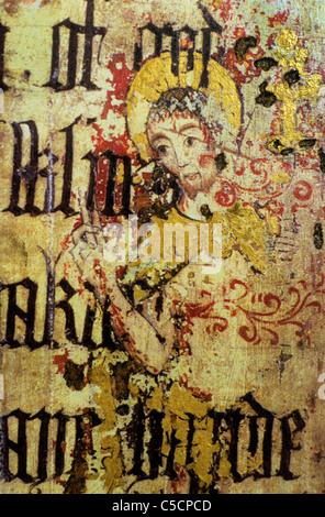 Binham Priory, Norfolk, mittelalterliche Lettner, der auferstandene Christus oder Christus, Schmerzensmann, überdruckt mit Text von Cranmer Stockfoto