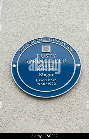 Blue Plaque Dusty Springfield Sänger lebte hier. Aubrey Walk. Holland Park Royal Borough of Kensington and Chelsea. LONDON UK HOMER SYKES Stockfoto