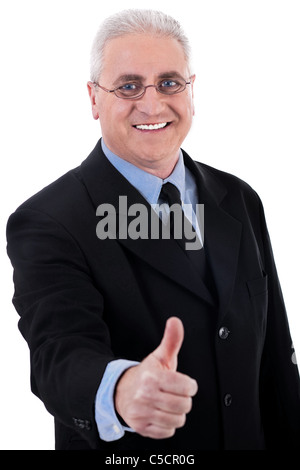 Erfolgreicher Geschäftsmann zeigt ok Sign. auf isolierte Hintergrund Stockfoto