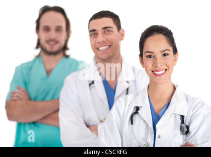 Porträt von drei Ärzte in einem Krankenhaus auf weißen Hintergrund isoliert Stockfoto