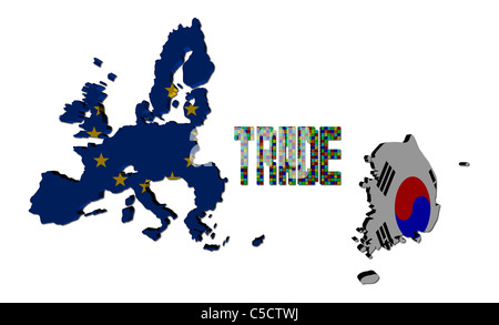 Text der Handel mit EU und Südkorea Karte Flaggen illustration Stockfoto
