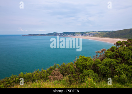 Blick Richtung Woolacombe und Woolacombe Sands genommen vom Küstenweg in der Nähe von Croyde, North Devon, England, UK Stockfoto