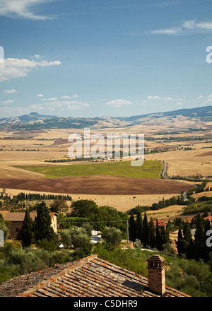 Der Blick über das Val d ' Orcia in Pienza, Toskana, Italien. Stockfoto