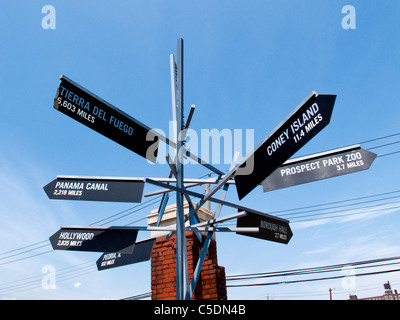 Ein Inserat Inserat Laufleistung zu lokalen und fernen Zielen Schild ziert die Waterfront in Brooklyn. Stockfoto