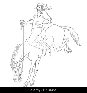 Illustration des Rodeo Cowboy Reiten unruhiges Pferd Wildpferd auf isolierten weißen Hintergrund in schwarz / weiß Cartoon-Stil gemacht Stockfoto